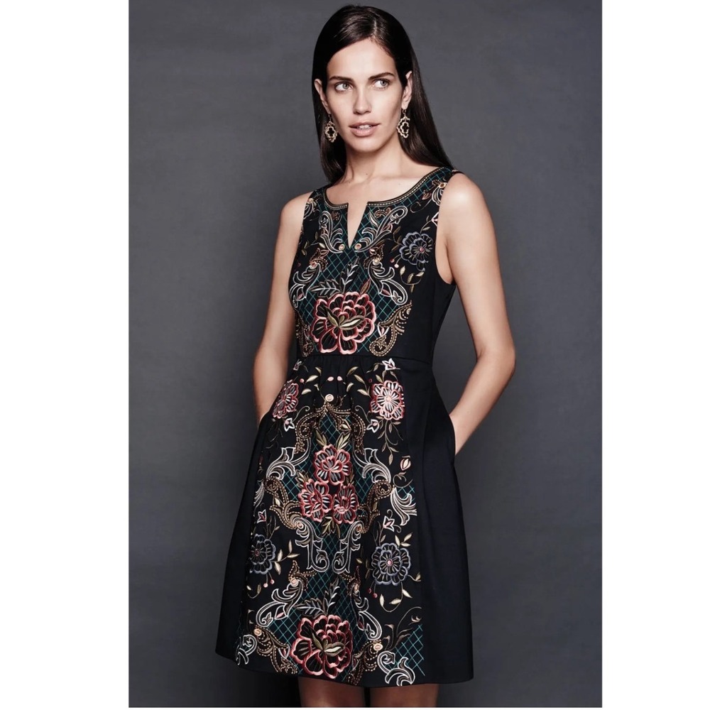 Moulinette Soeurs Anthro Perennial Black Floral Embroidered Fit Flare Dress 8